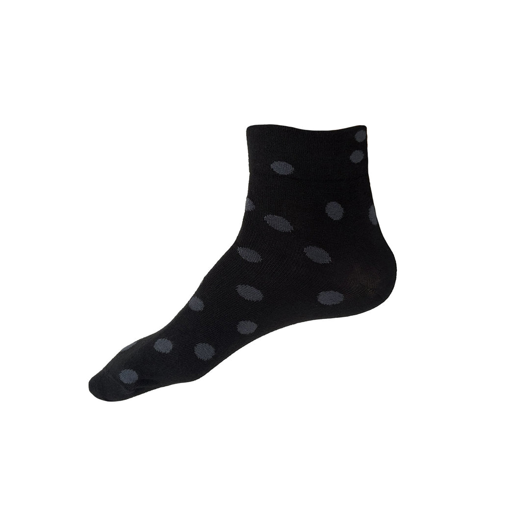 Made in USA men's black cotton ankle sock with charcoal grey polka dots