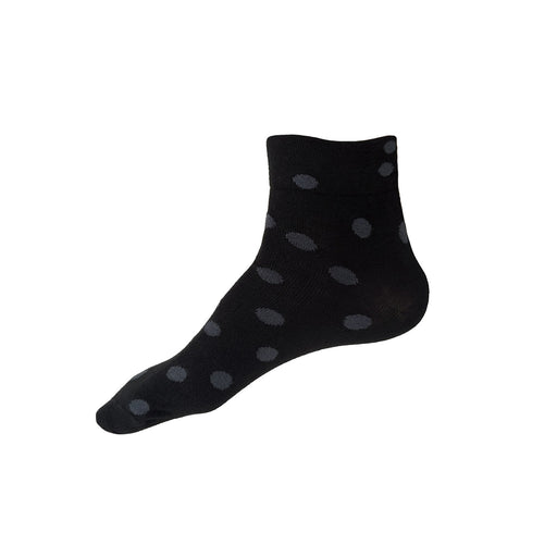 Made in USA men's black cotton ankle sock with charcoal grey polka dots