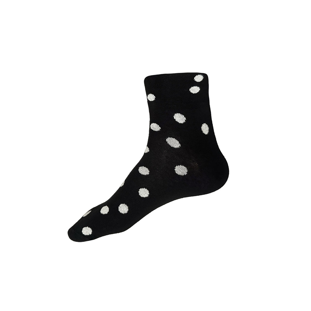 Made in USA men's black cotton ankle (low) socks with white polka dots