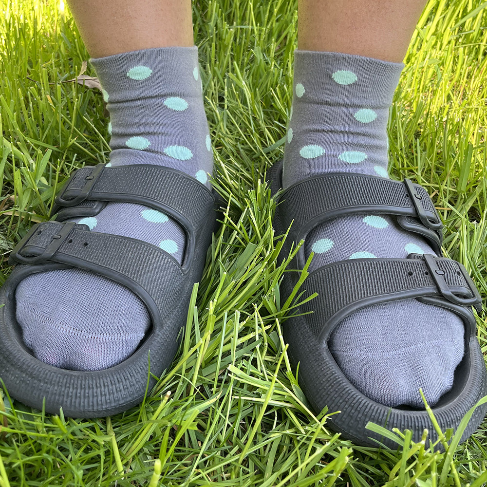 Made in USA women's cotton ankle socks in grey with aqua polka dots