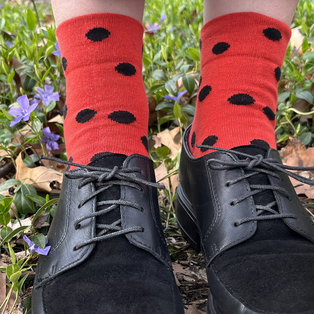 Made in USA women's red cotton ankle socks with black polka dots (like a ladybug or watermelon!)
