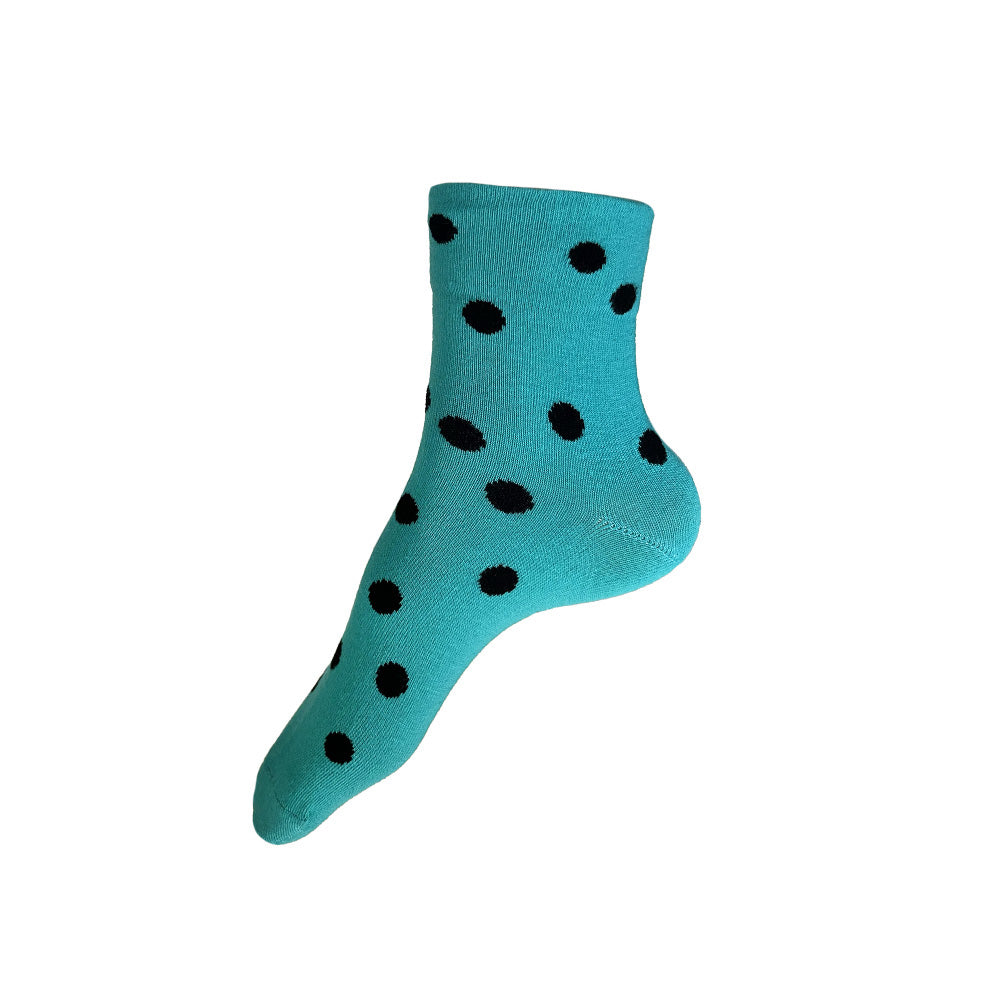 Made in USA women's cotton ankle socks in turquoise with black polka dots
