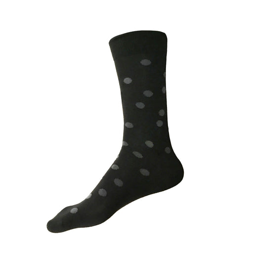 Fun men's big and tall (XL) black cotton socks with grey polka dots by THIS NIGHT and made in USA