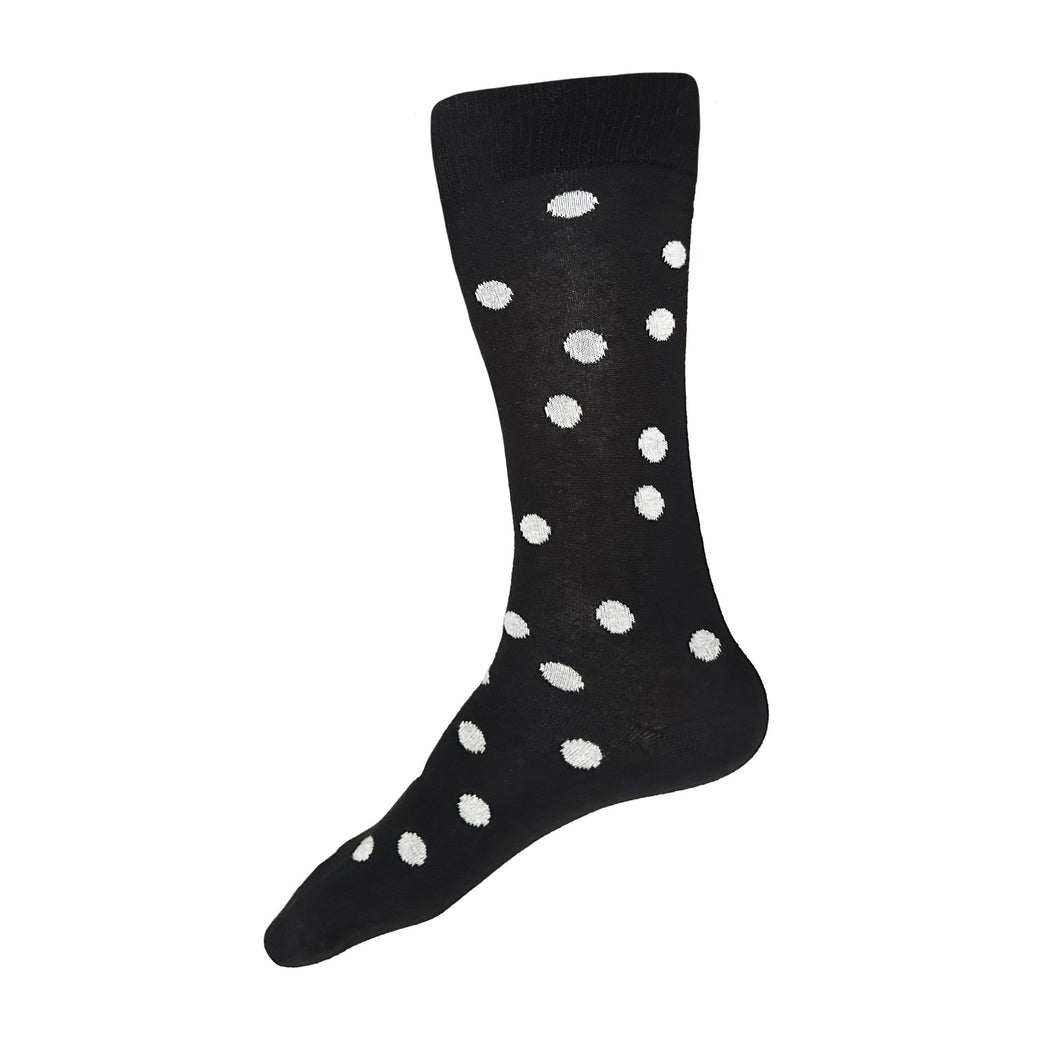 Made in USA fun men's cotton socks in black with white polka dots