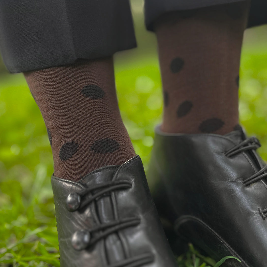Made in USA women's brown cotton socks with black polka dots by THIS NIGHT