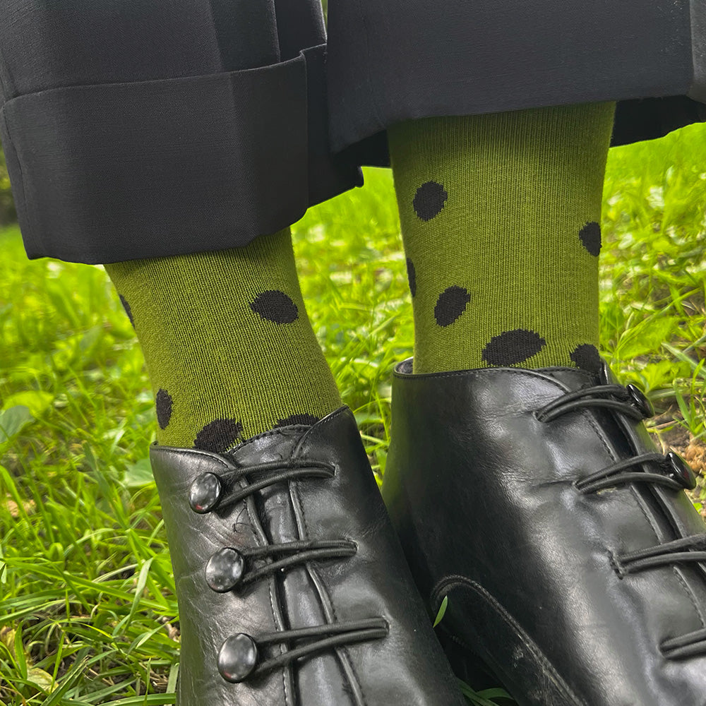 Made in USA women's green cotton socks with black polka dots by THIS NIGHT