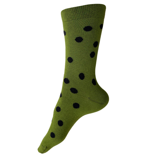 Made in USA women's green cotton socks with black polka dots by THIS NIGHT