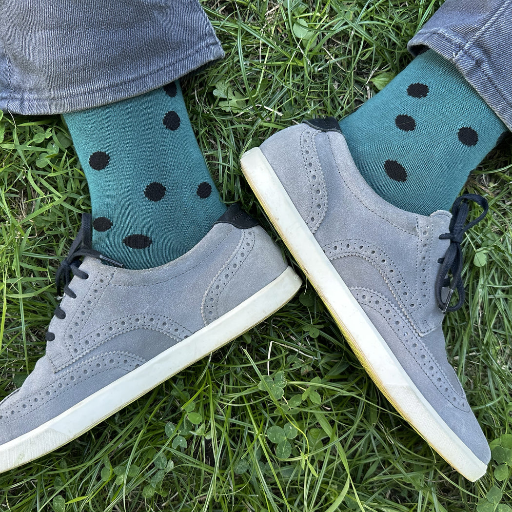 Made in USA men's jade green cotton socks with black polka dots