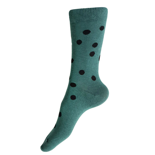 Made in USA women's cotton jade green socks with black polka dots