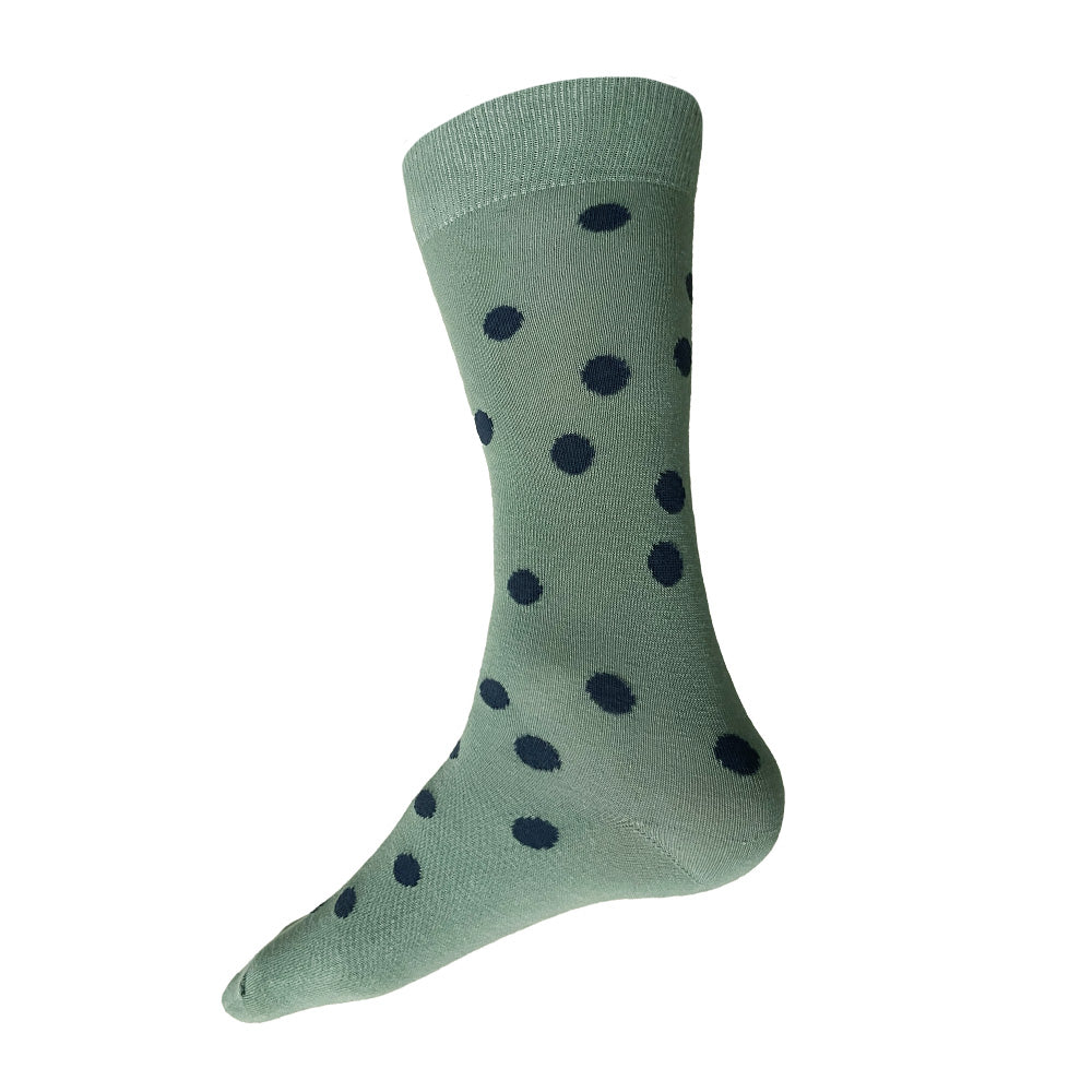 Made in USA men's fun cotton socks in sea green and slate blue  polka dots