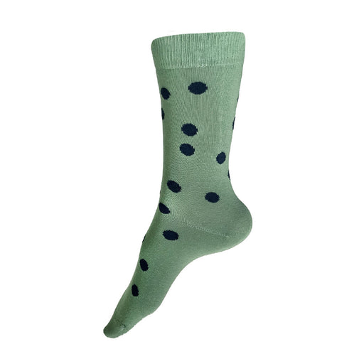 Made in USA women's cotton geometric socks in coastal sea glass green with slate blue polka dots by THIS NIGHT