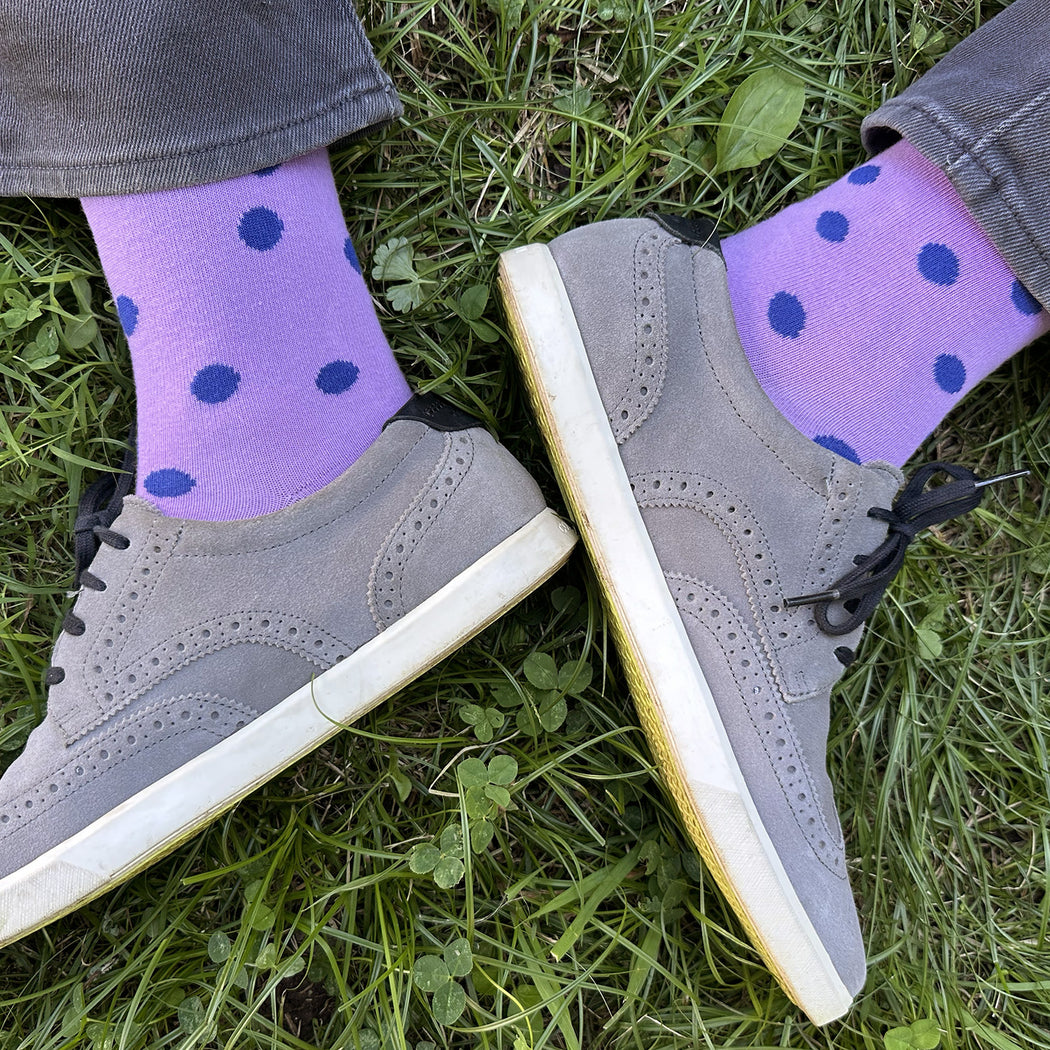 Made in USA men's light purple/lavender cotton sock with purple polka dots