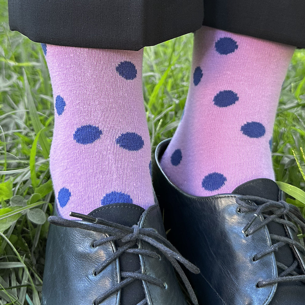 Made in USA women's purple cotton socks with blue polka dots