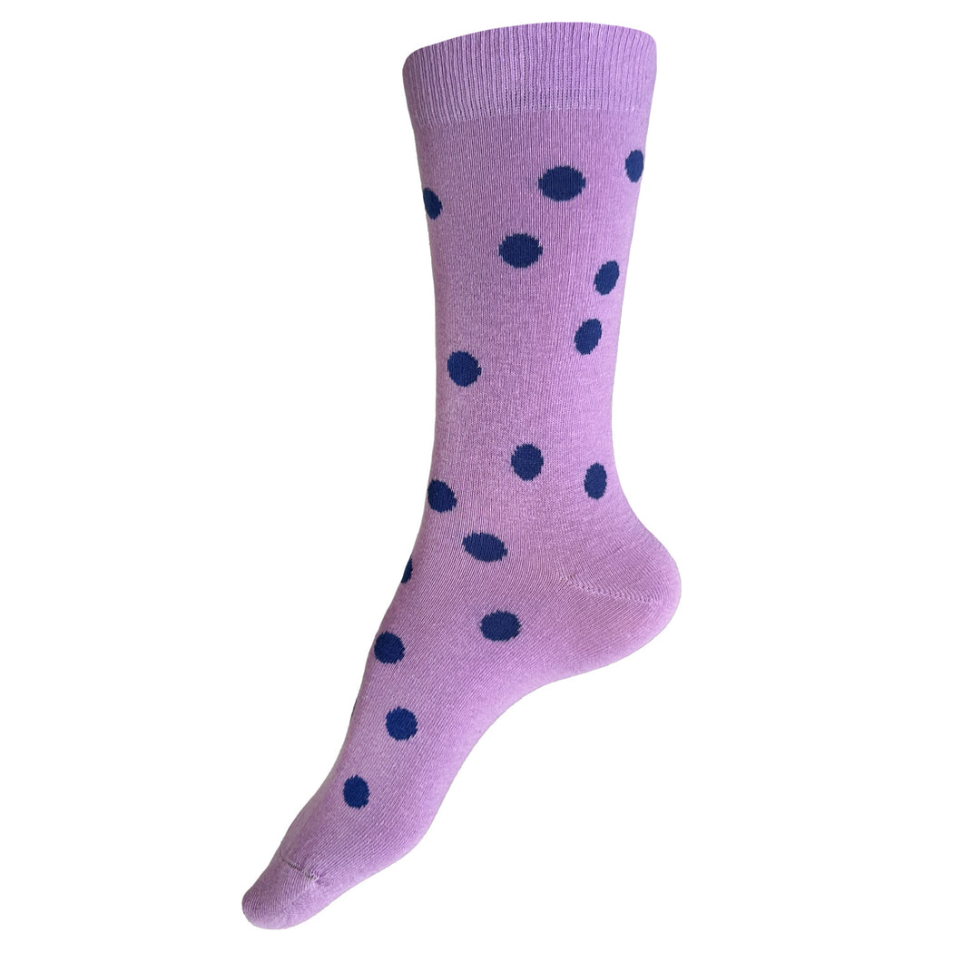 Made in USA women's purple cotton socks with blue polka dots