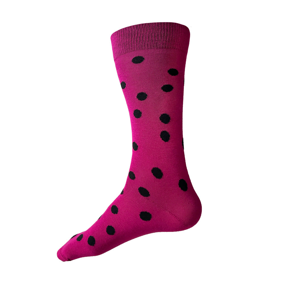 Made in USA men's hot pink (magenta) polka dot cotton socks with black dots by THIS NIGHT