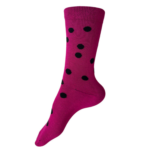 Made in USA women's bright pink/magenta colorful cotton socks with black polka dots by THIS NIGHT