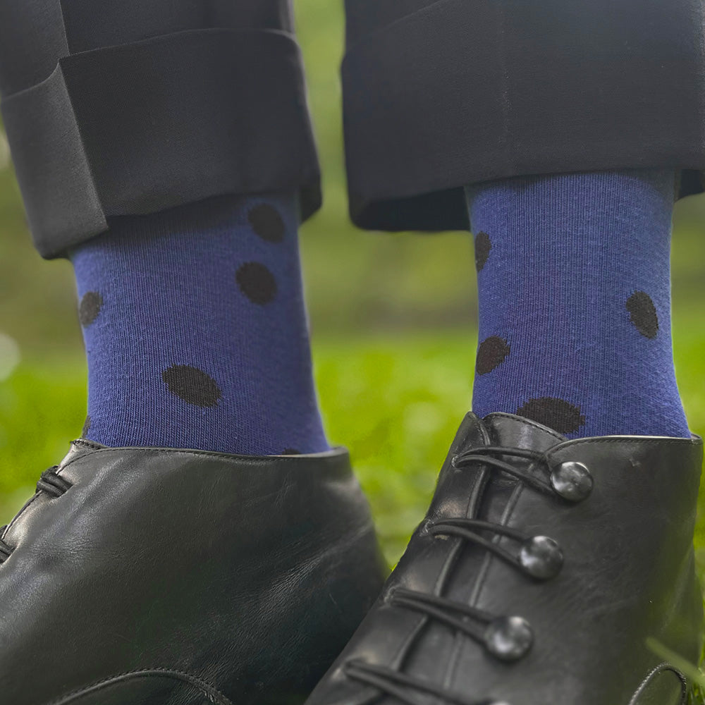 Made in USA women's dark blue cotton socks with black polka dots by THIS NIGHT