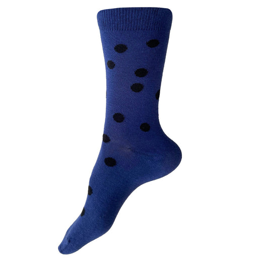 Made in USA women's dark blue cotton socks with black polka dots by THIS NIGHT