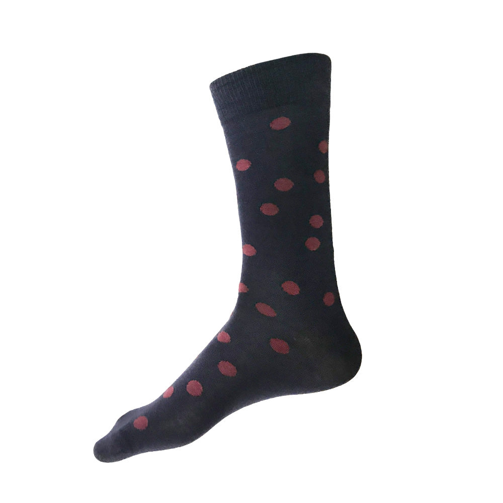 Men's extra large navy cotton socks with fun burgundy polka dot pattern by THIS NIGHT and made in USA
