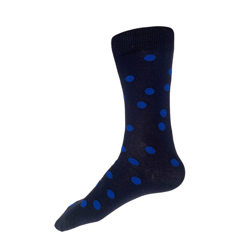 Made in USA men's navy cotton socks with fun cobalt blue polka dots by THIS NIGHT