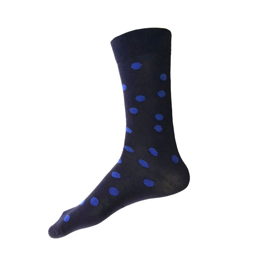 Made in USA men's XL (big and tall) cotton fun dress socks in navy with cobalt blue polka dots for men's shoe sizes 14 to 18