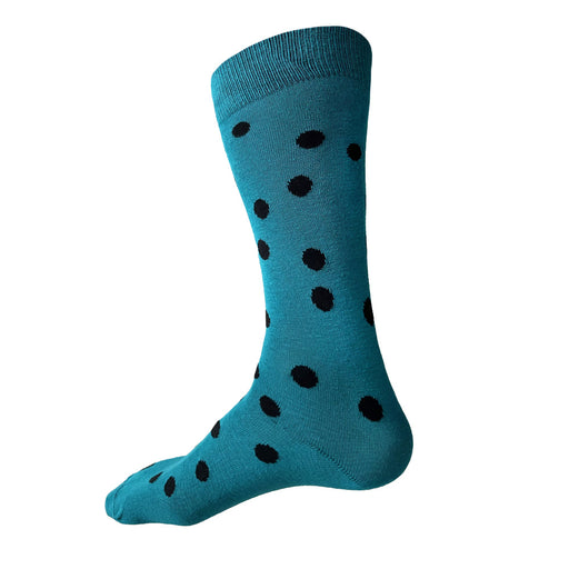 Made in USA men's blue-green (turquoise) cotton colorful and fun socks with black polka dots  by THIS NIGHT