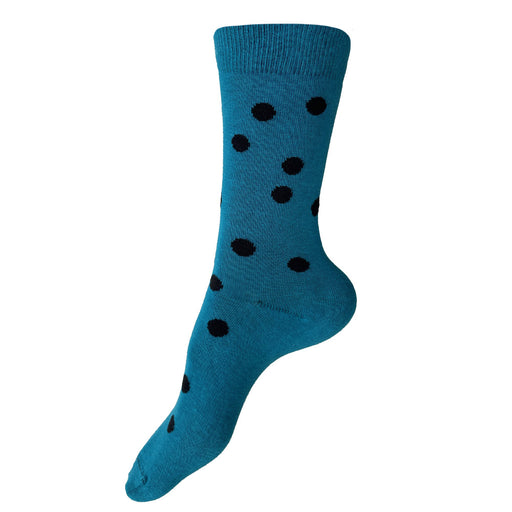 Made in USA women's blue-green cotton socks with black polka dots by THIS NIGHT