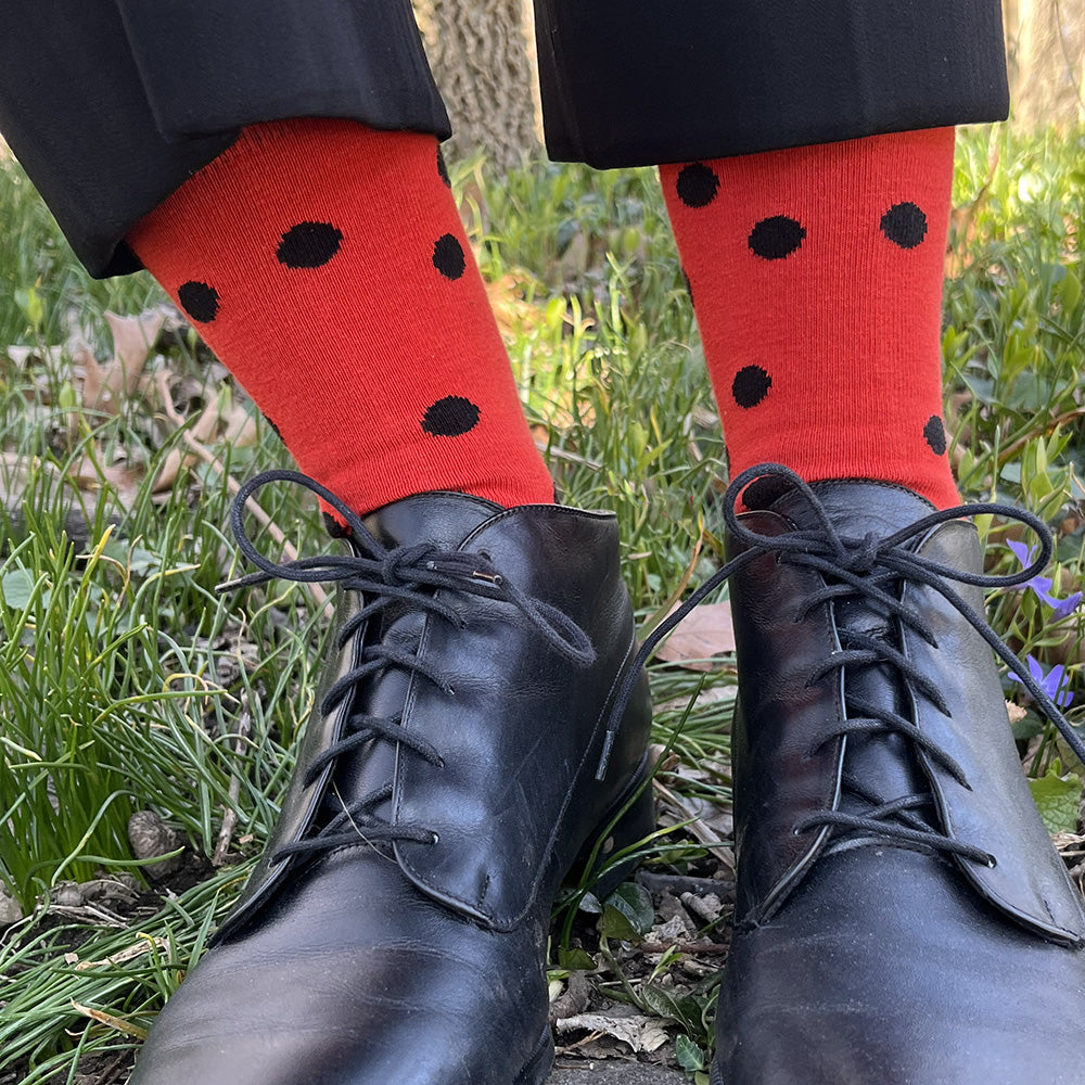Made in USA women's red cotton socks with black polka dots, like a ladybug, by THIS NIGHT
