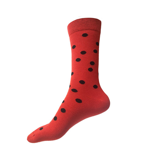 Made in USA men's fun XL (big and tall) cotton socks with red and black polka dots by THIS NIGHT