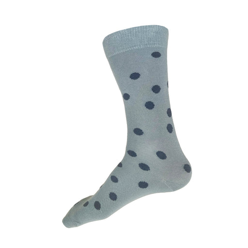 Made in USA men's cotton light blue socks with slate blue polka dots by THIS NIGHT