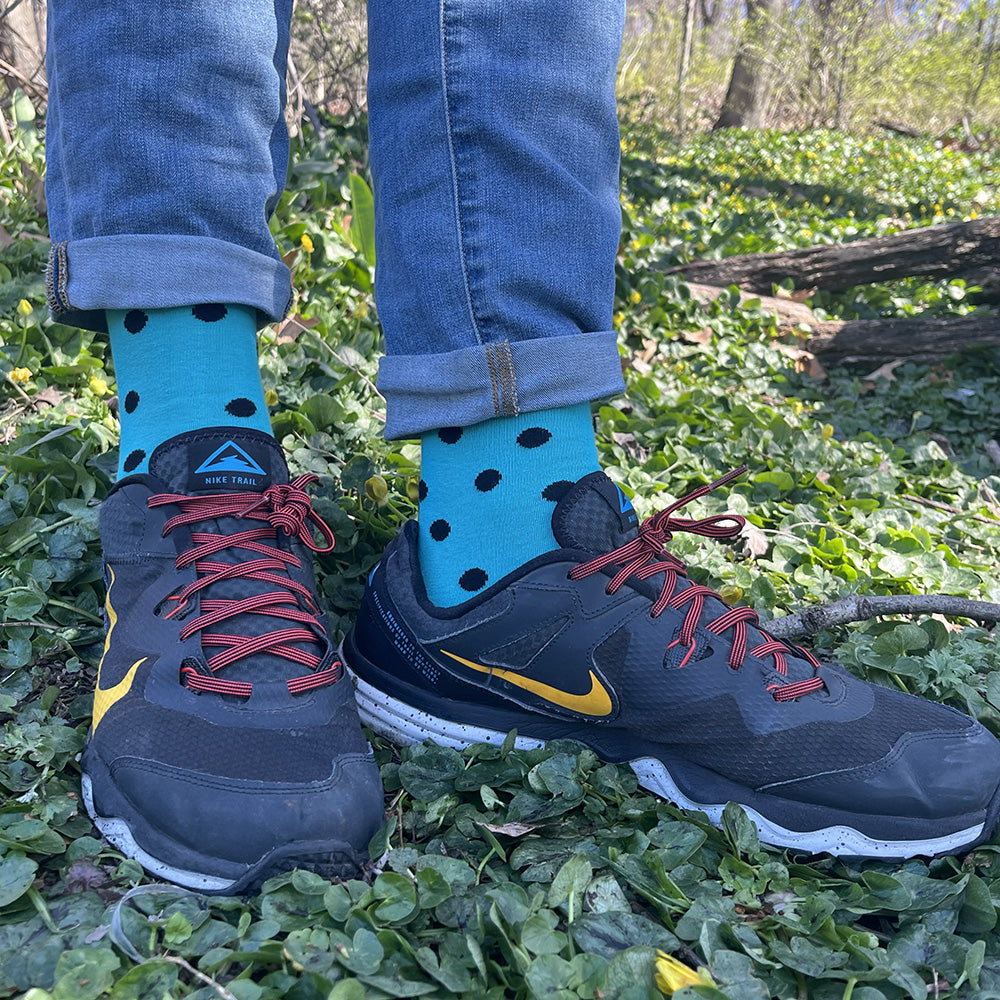 Made i n USA men's XL (big and tall) bright and fun cotton socks in turquoise and black polka dots