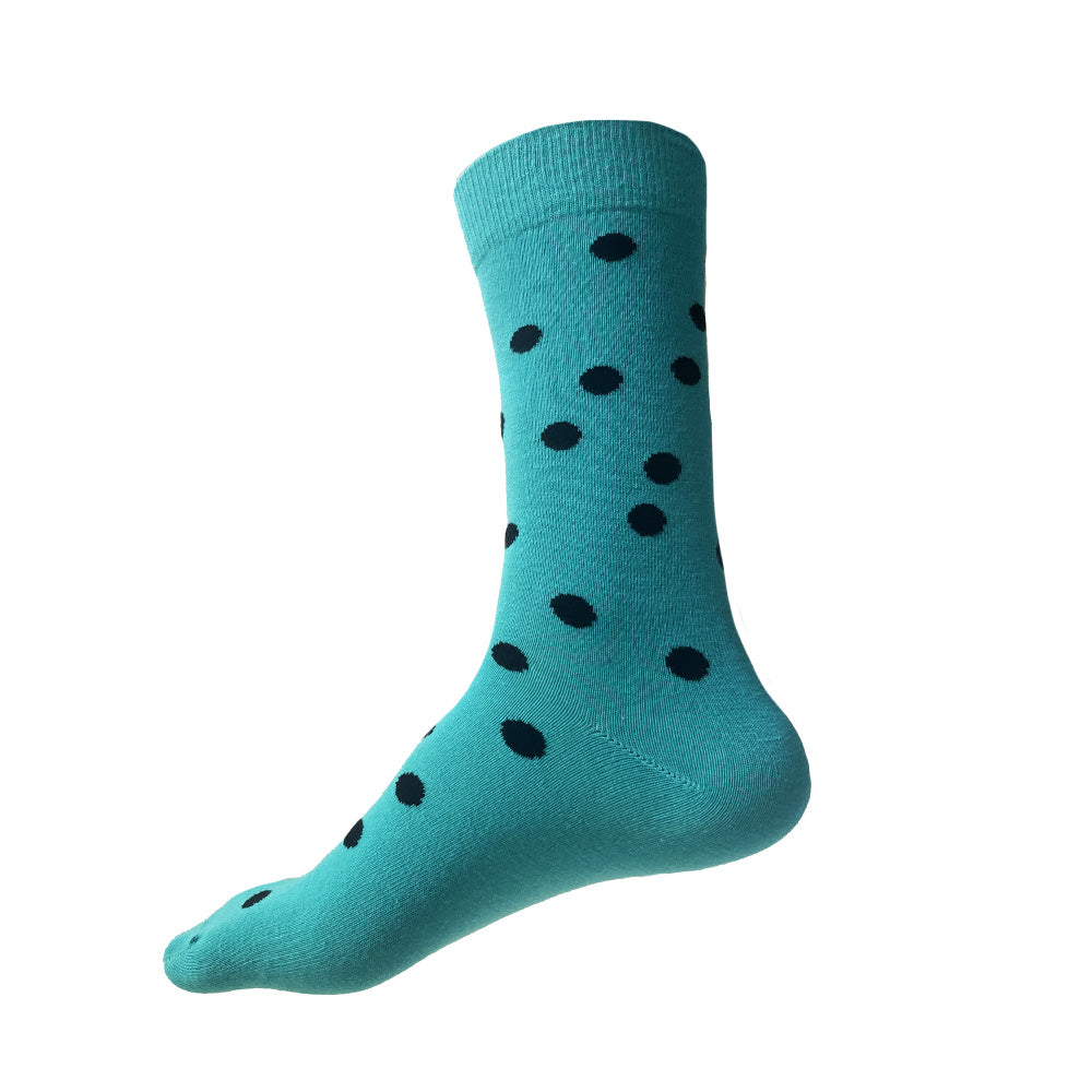 Made in USA men's XL (big and tall) fun cotton socks in turquoise and black polka dots