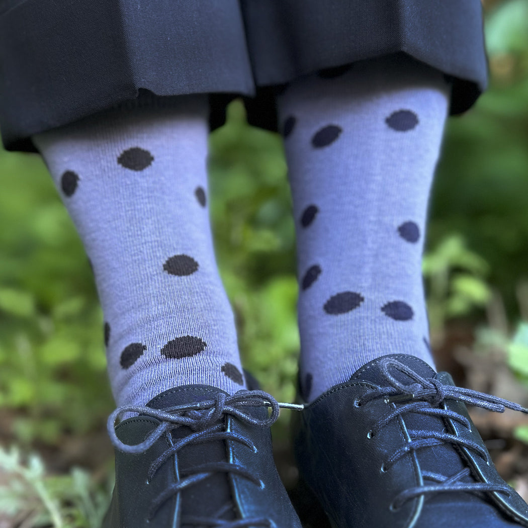 Made in USA women's cotton asymmetrical polka dot socks in a light purple-grey
