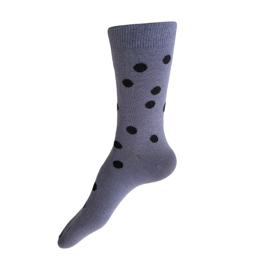 Made in USA women's cotton asymmetrical polka dot socks in a light purple-grey