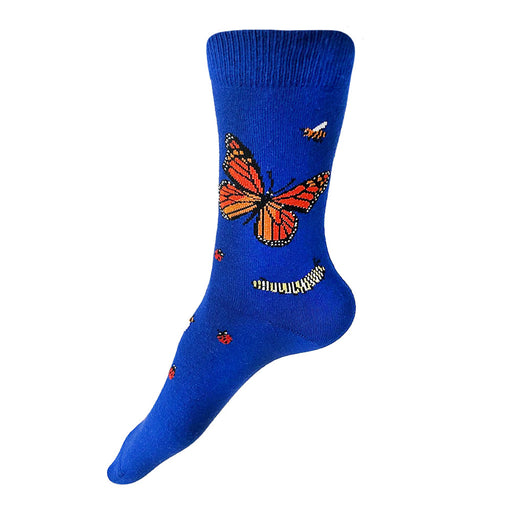 Made in USA women's bright blue cotton socks with friendly bugs--monarch butterflies, a caterpillar, honeybees, a dragonfly, and ladybugs--by THIS NIGHT