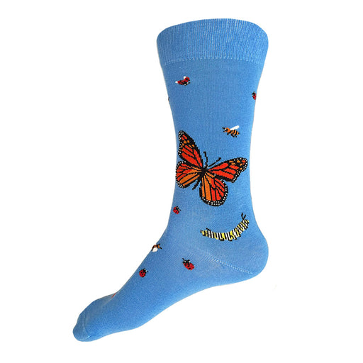 Made in USA men's blue cotton socks featuring bugs: monarch butterflies, honeybees, a caterpillar, ladybugs, and a draogonfly (by THIS NIGHT)