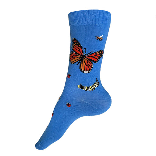 Women's cotton bug socks featuring monarch butterflies, a caterpillar, ladybugs, and honeybees by THIS NIGHT