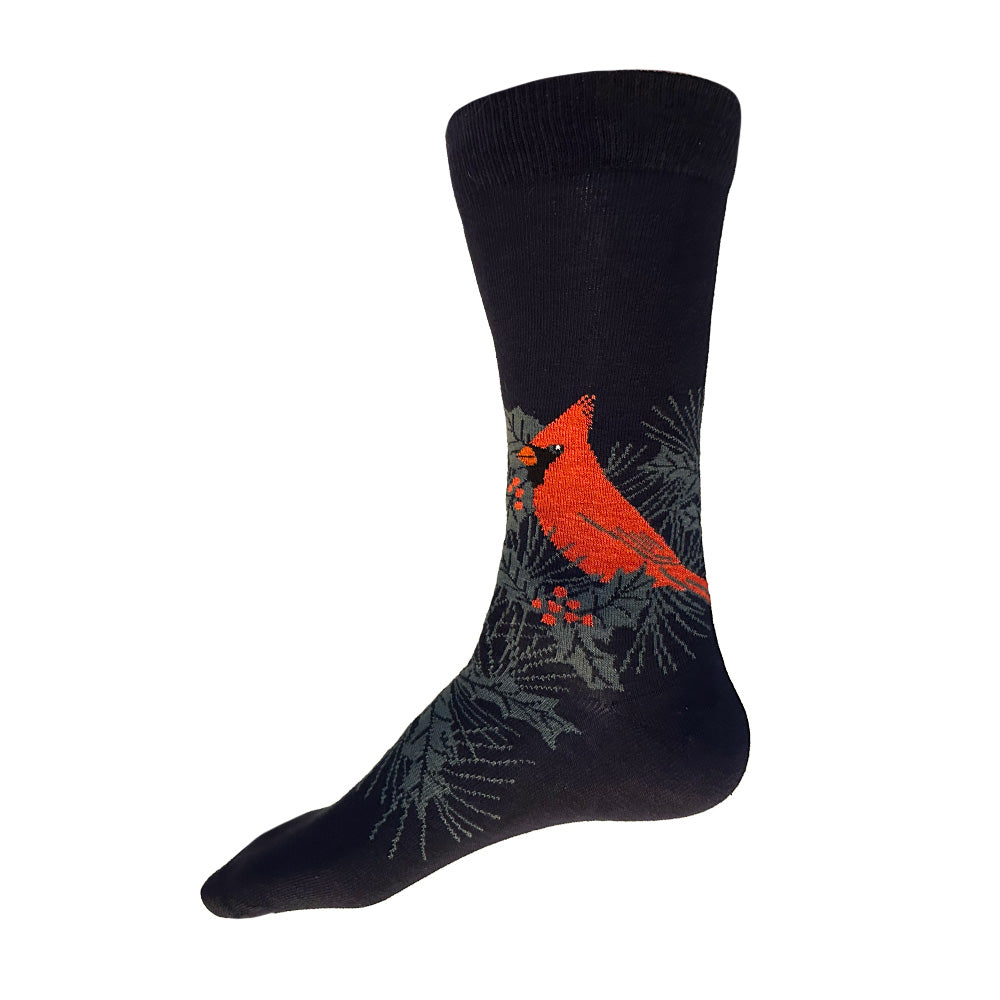 Made in USA men's navy cotton socks with red cardinal, holly, and pine 