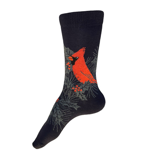 Made in USA women's navy cotton cardinal Christmas holiday sock with holly and pine by THIS NIGHT