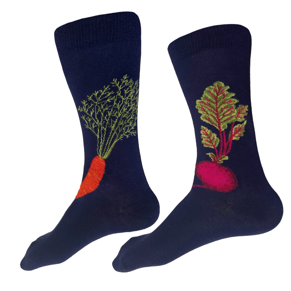 Made in USA men's navy cotton vegetable socks featuring a carrot and beet by THIS NIGHT