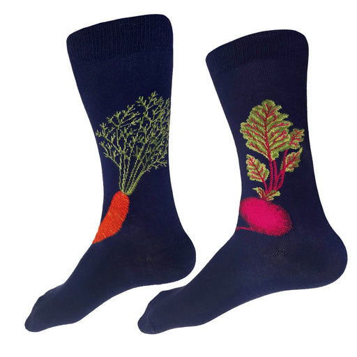 Made in USA men's navy cotton vegetable socks featuring a carrot and beet by THIS NIGHT