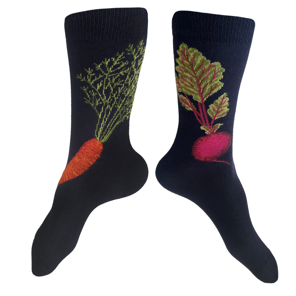 Made in USA women's navy cotton vegetable socks featuring a carrot and a beet by THIS NIGHT
