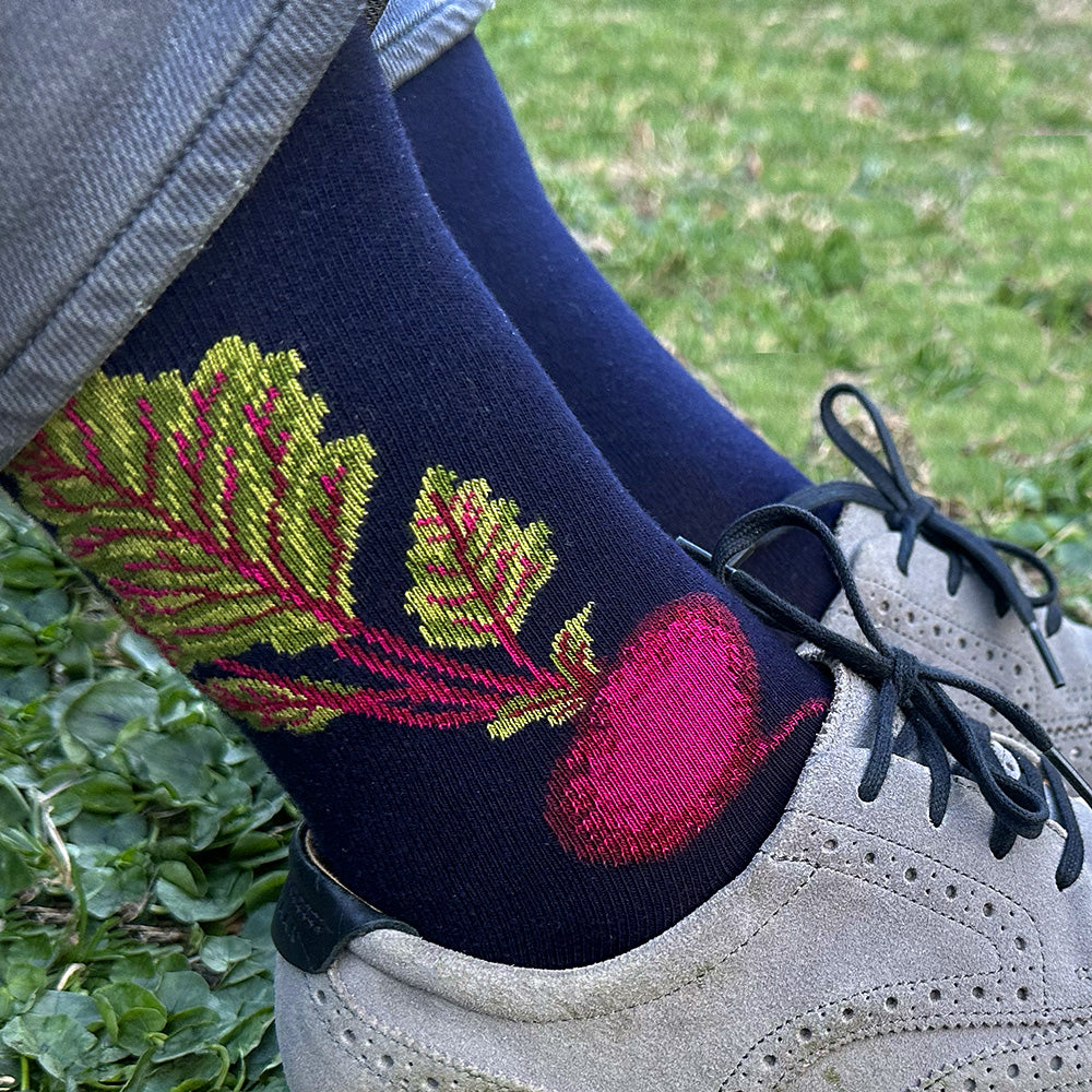 Made in USA men's navy cotton vegetable socks featuring a carrot and beet by THIS NIGHT