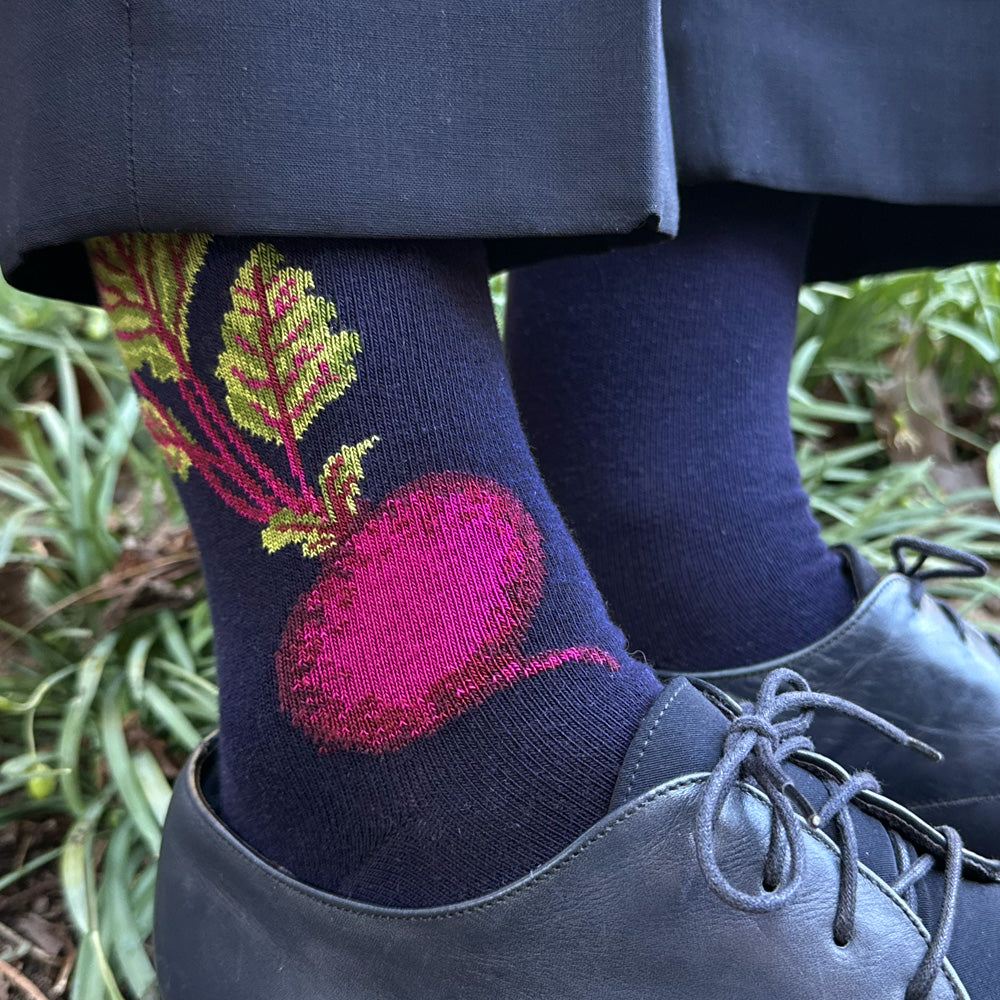Made in USA women's navy cotton vegetable socks featuring a carrot and a beet by THIS NIGHT