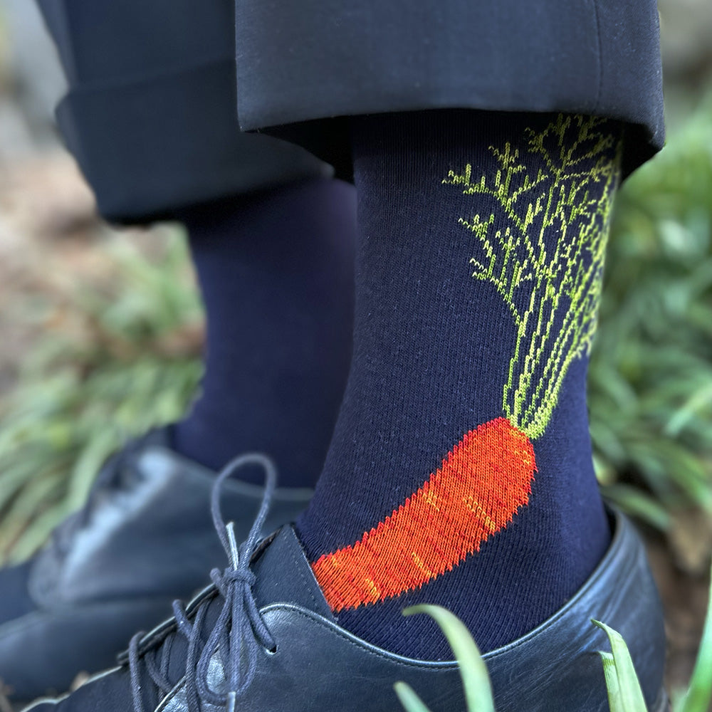 Made in USA women's navy cotton vegetable socks featuring a carrot and a beet by THIS NIGHT
