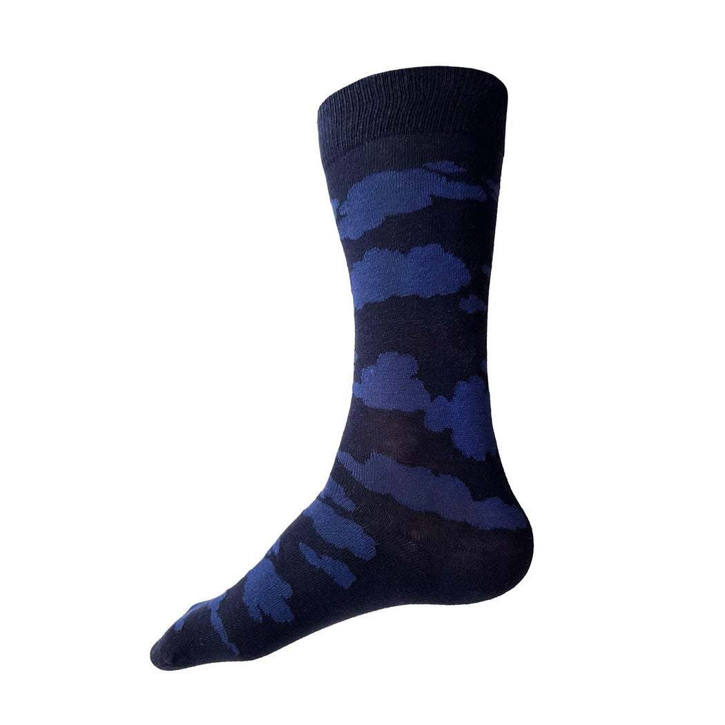 Made in USA men's navy cotton socks with dark blue clouds by THIS NIGHT