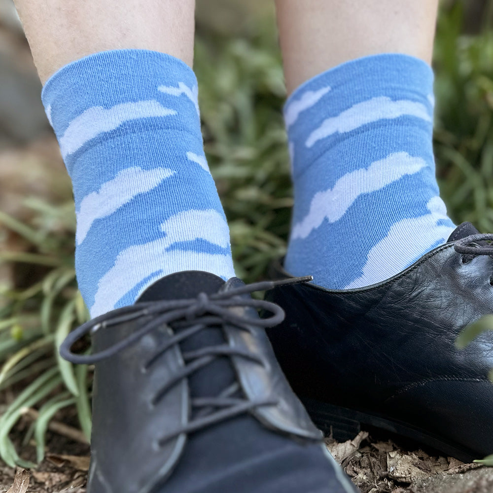 Made in USA women's light blue and white cotton cloud socks in ankle length (cuff less) by THIS NIGHT
