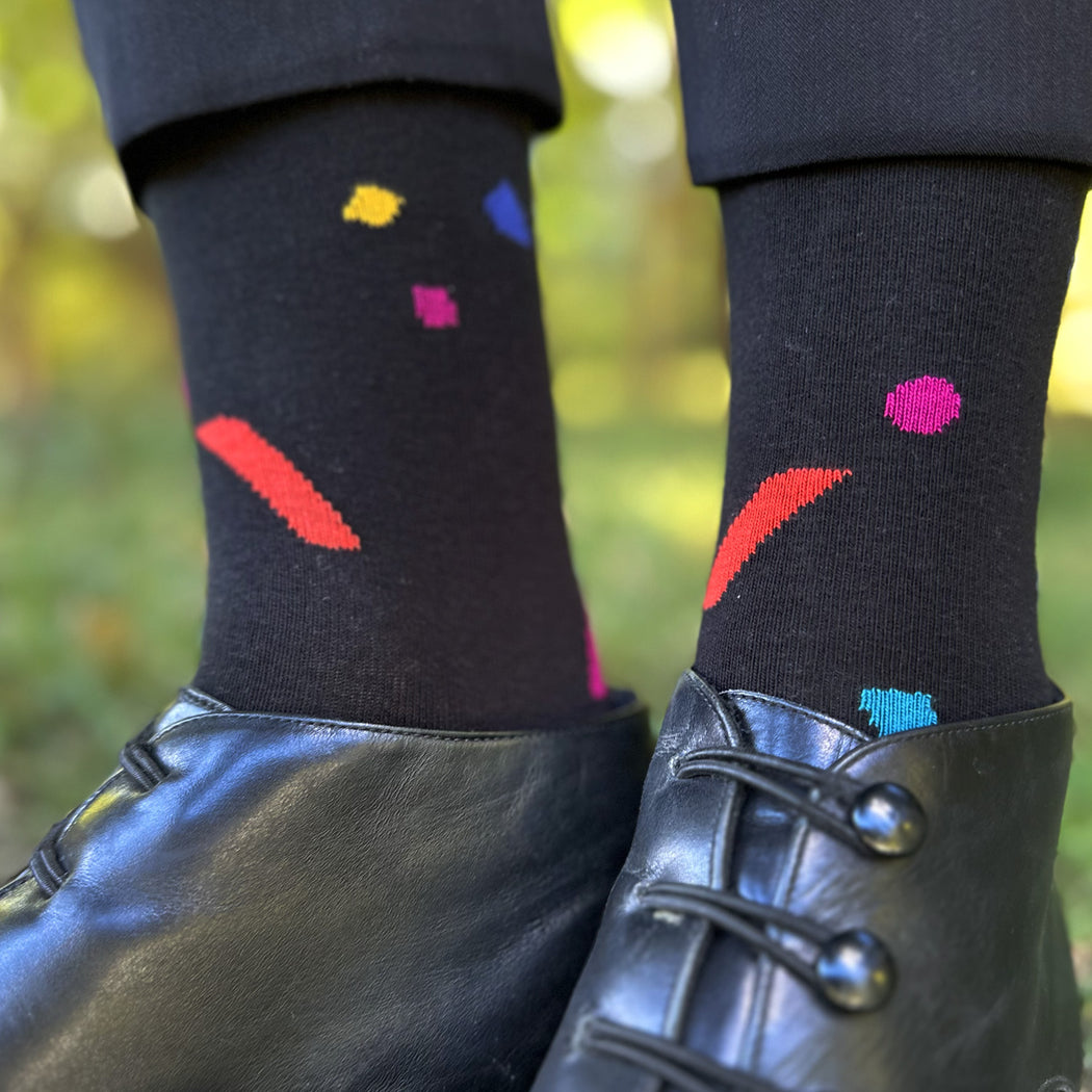 Made in USA women's black cotton geometric fun socks with confetti in blue, hot pink, orange, and turquoise by THIS NIGHT