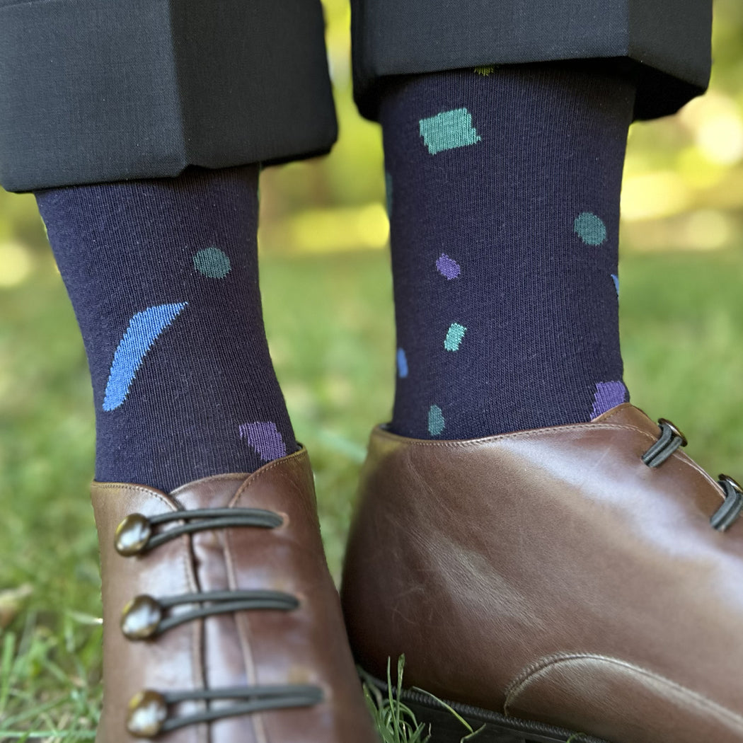 Made in USA women's navy cotton socks with confetti in blues, greens, and purple by THIS NIGHT