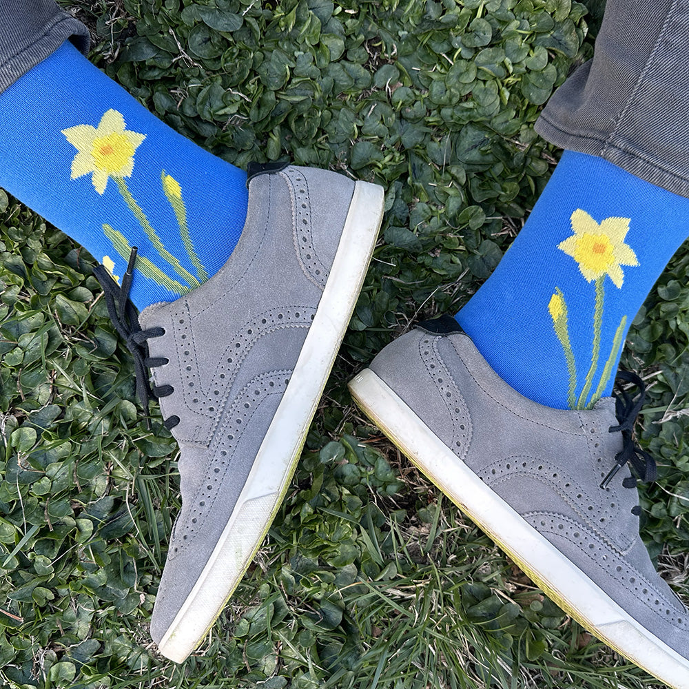 Made in USA men's blue floral cotton socks with yellow daffodils by THIS NIGHT